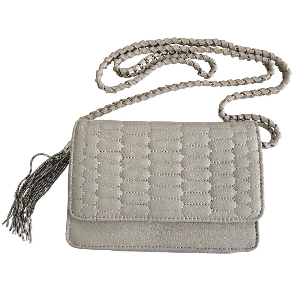 Aimee Kestenberg Quilted Leather Convertible Crossbody Clutch Chain Strap Beige